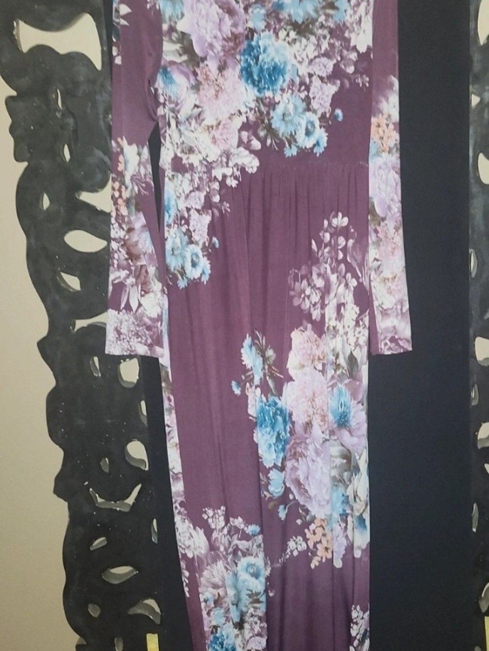 Source Unknown Plum Maxi Dress with Blue and Cream Floral Print